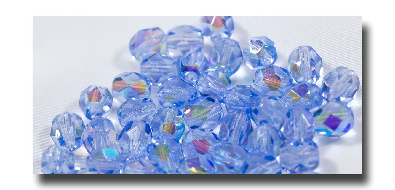 Facet Glass beads, 6mm - Light Sapphire Blue AB (Sept.) - 627